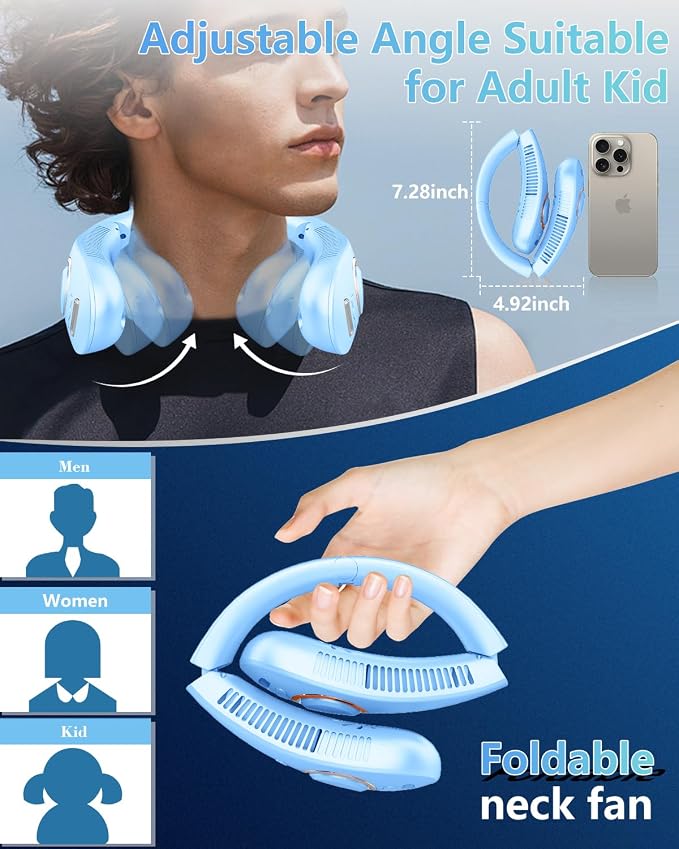 Neck Fans with Water Spray Misting,Portable Neck Fans that Blow Cold Air Rechargeable with LED Display, Adjustable 5 Speeds Powerful Soundless Compact Cooling Neck Hanging Fan for Travel Airplane Blue
