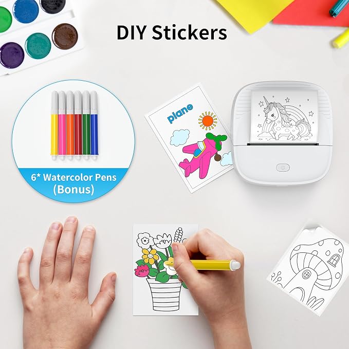 Mini Thermal Sticker & Label Maker | 7 Rolls Paper (3 Sticker + 3 Label) & 6 Colored Pencils | Printpod Inkless Bluetooth Printer, Smart AI APP, iOS Android Compatible, Photo/Journal/DIY/Study/Gift
