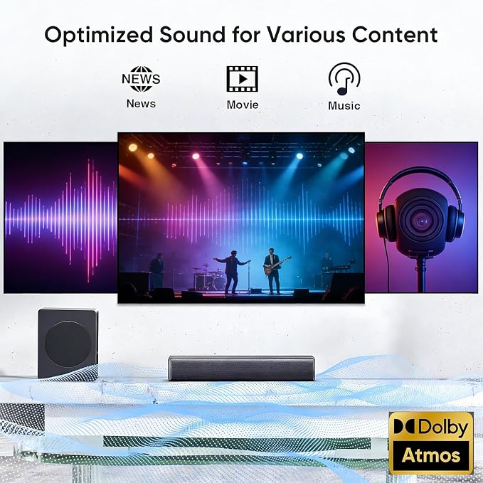 Sound Bar with Subwoofer, 100W Bass Soundbar for Smart TV, w/Dolby Atmos 3D Surround Sound System, 2.1CH Home Theater Audio Soundbar, Adjustable Home Theater Bluetooth Speaker for TV/Projector/PC