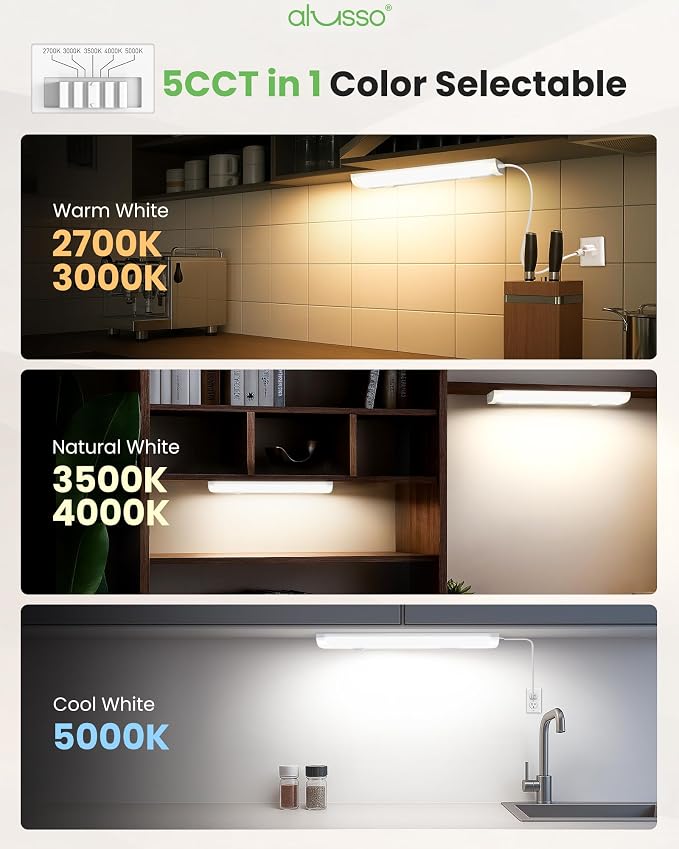 ALUSSO 12 Inch LED Under Cabinet Lighting Plug in 120V, 5CCT Color Selectable 2700K-5000K Dimmable 6W 480LM High Brightness, CRI 90+ Strip Linkable Under Counter Lights for Kitchen Sink, 1 Pack