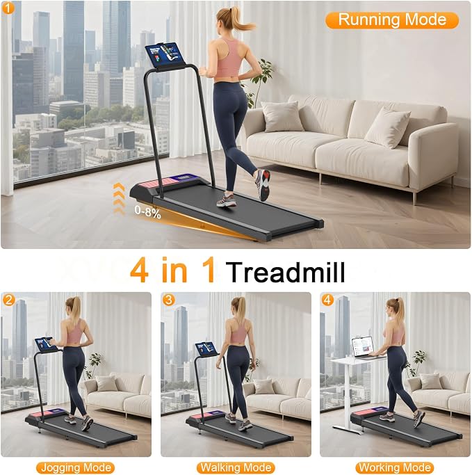 HOELLL Treadmills for Home Small with 0%-8% Incline and APP Sync, Compact Under Desk Walking Treadmill Pad with Handle Bar Removable, Remote Control and LED Display, 2.5HP
