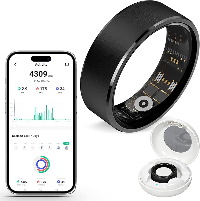 Smart Fitness and Activity Ring for Men and Women – Track Heart Rate, Sleep, Stress, Steps & More, Waterproof Fitness Tracker for iPhone and Android, No Subscription Fee, Black 9#