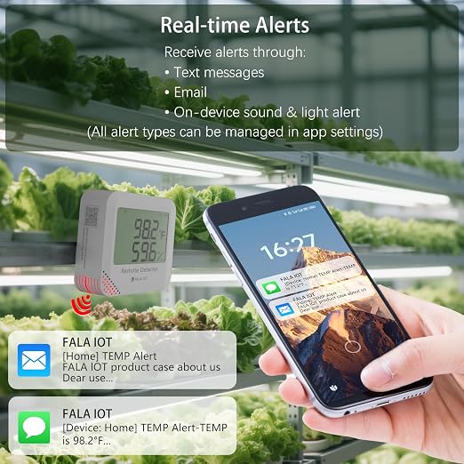 WiFi Temperature & Humidity Monitor, No Subscription 24/7 Remote Temp Sensor with Email, Text Alerts, Sound & Light Alarm, Idea for RV, Pet, Greenhouse, Farm, Freezer, Server Room,S22D