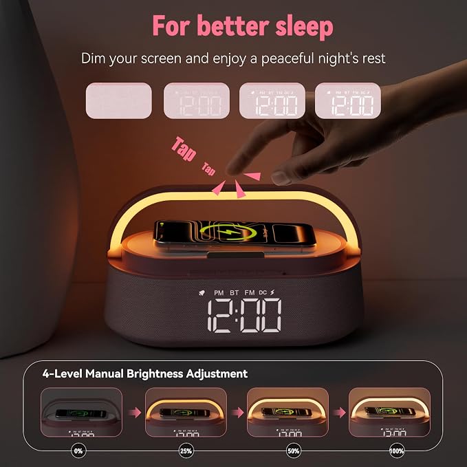 FREEFISH 6 in 1 Bluetooth Speaker with Wireless Charge, FM Radio, Night Light, Snooze, Phone Stand, Bedroom Portable Speaker 2500mAh Battery Dual Speakers for Bedside, Home, Office, Gift (Pink)