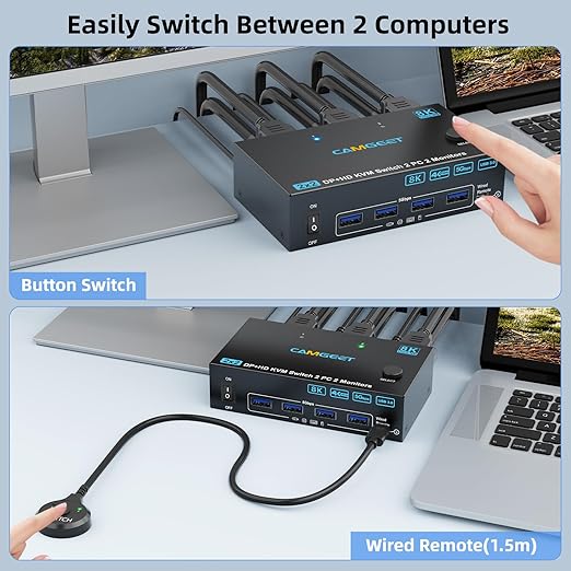 4K@144Hz KVM Switch 2 Monitors 2 Computers Displayport HDMI, USB3.0 Dual Monitor KVM Switch for 2 Computers Share 2 Monitors and 4 USB Peripherals,Wired Remote 12V Adapter and 2 USB Cable