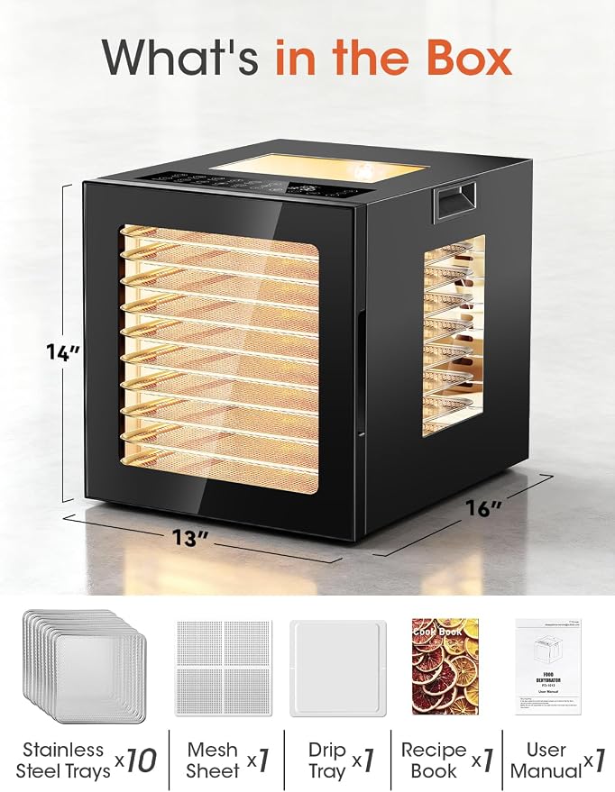 Manastin Food Dehydrator Machine, With Large 10 Stainless Steel Trays, 850W Dryer for Meat Jerky, Fruit Vegetable, 95-167℉ Dehydrated Dryer, 48H Timer,10 Presets, Overheating Protection (Black)