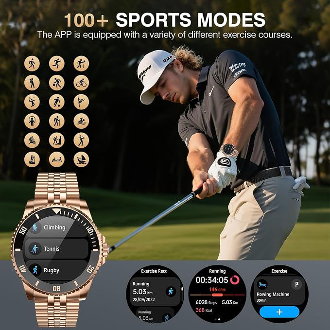 SOUYIE AI Smart Watch for Men, 1.19" AMOLED 44mm, 24/7 Heart Rate Blood Pressure Blood Oxygen Sleep Monitor, 107 Sports Tracker, IP67 Waterproof, Bluetooth Call Voice Assistant, for Android iOS Gold