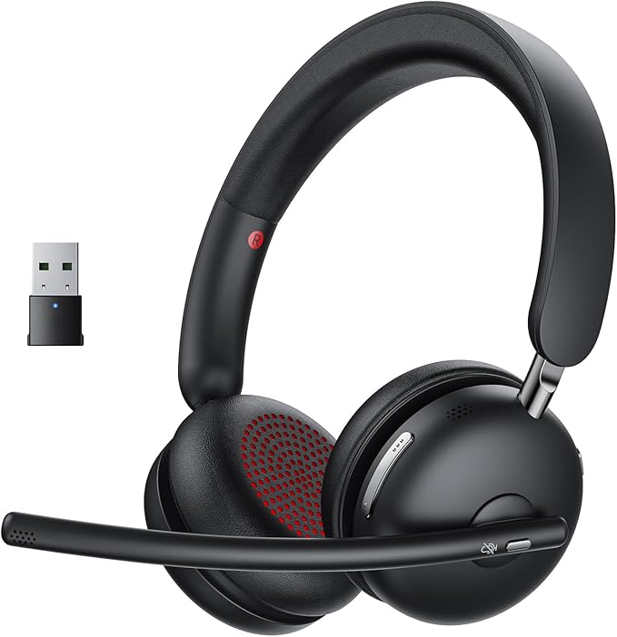 Wireless Headset with Mic for Work, One-Tap Mute & USB Dongle, Bluetooth 5.3 Headset, AI Noise Cancelling Mic, Wireless Headphones with Mic & 65H, Wireless Headset for PC/Teams/Computer/Laptop/Study