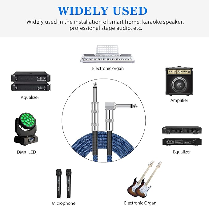 JOLGOO Guitar Cable 1/4 Inch Cable 20 Ft Straight to Right Angle 1/4 Inch 6.35mm Plug Bass Keyboard Instrument Cable Blue and Black Tweed Cloth Jacket, Electric Mandolin, pro Audio