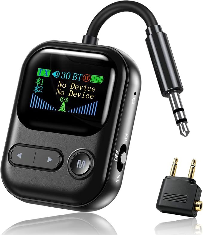 Airplane Bluetooth Adapter, 2-in-1 Bluetooth 6.0 Transmitter Receiver with Colorful Screen, Compatible with Pairs 2 AirPods/Headphones, Wireless Adapter for Flying, TV, Car, Gym, and Travel, Black