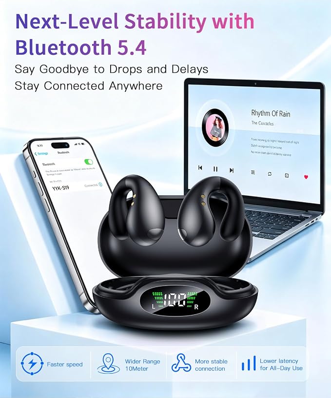 Upgraded Ultra Open Ear Earbuds - Lightweight Comfort Clip-On Wireless Bone Conduction Earbuds, Secure Fit & AI-Powered Clear Calls Bluetooth Open Ear Headphones for Work,Commute,Workout, Black