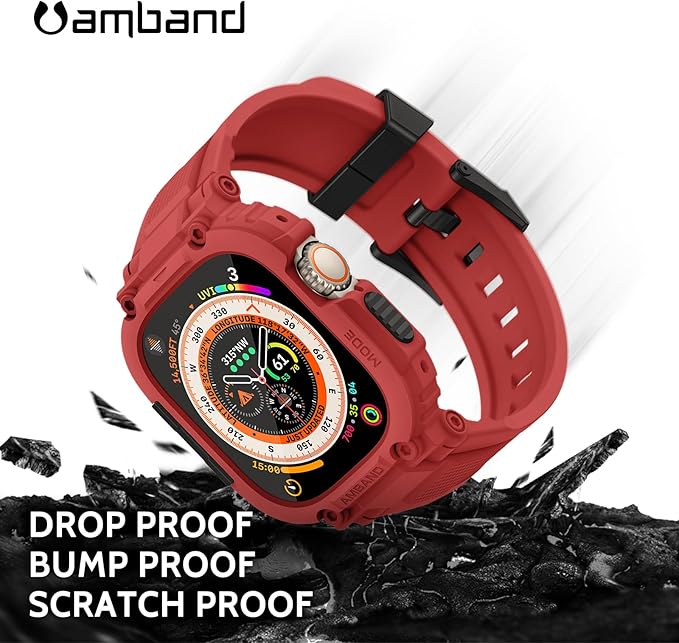 amBand Bands Case Screen Protector Compatible with Apple Watch Ultra 3/2/1 49mm, M1 Sport Series Rugged Cover Strap and 9H Tempered Glass Film, Protective Bumper for iWatch 49 mm Men - Mars Red