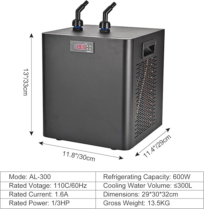Aquarium Chiller 79 Gal, 1/3 HP Fish Tank Water Chiller 300L Hydroponics Cooler with Quiet Design Refrigeration Compressor and 3M Pipe for Saltwater Freshwater Fish Coral Shrimp Jellyfish Water Weeds