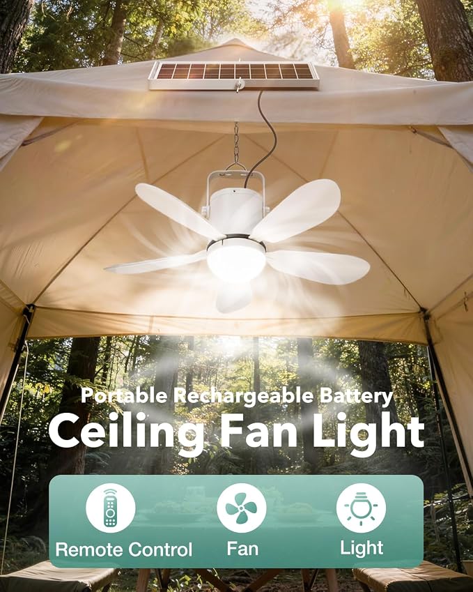 21” Solar Ceiling Fan Light, 35W Solar Powered Gazebo Fan with Remote Control, Rechargeable Battery Operated Portable Camping Fan Outside, for Tent Patio Greenhouse Porch Canopy Pergola