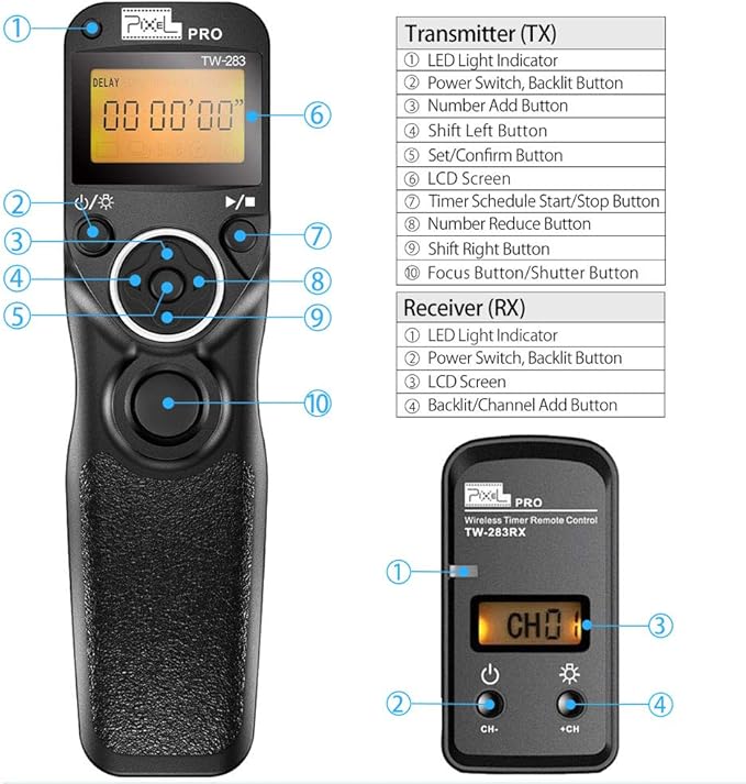 Remote Shutter Release Compatible for Nikon, Wireless Shutter Release Timer Remote Control Pixel TW-283 DC0/DC2 Compatible for Nikon D5200 D5300 D7100 D850 D800 D750 D610