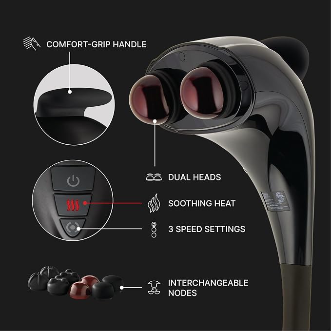 Homedics Handheld Back Massager with Heat, Deep Tissue Percussion Massager for Neck, Shoulders & Body, 4 Custom Attachment Sets, Dual Node Massage, 3 Speeds, Comfort Grip Handle, Twin Percussion Pro
