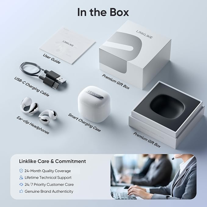 Linklike Most Comfortable Open Ear Clip-on Earbuds [Patented Zero Pressure & Top Hi-Fi] Hi-Res LDAC, 40H+ Battery, AI Clear Calls & No Sound Leakage, Ultralight 5g Fit for All Ears, Ideal Gifts-White