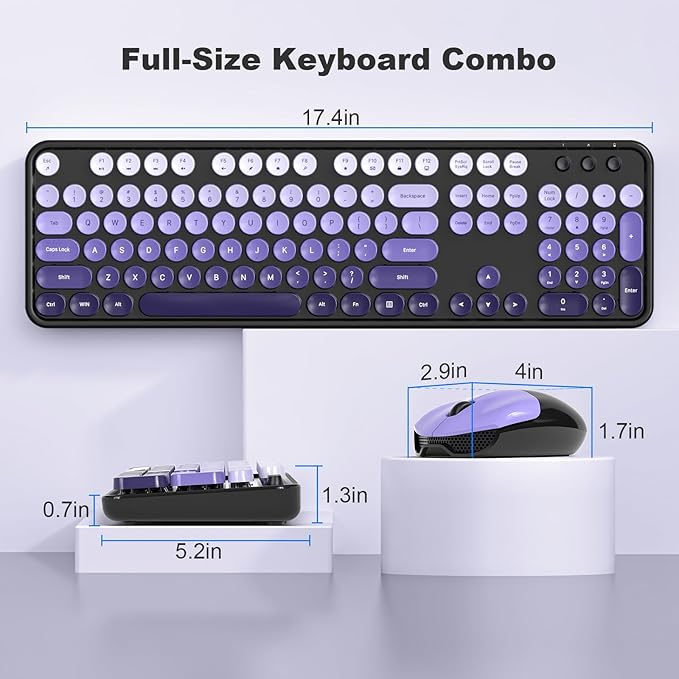 Wireless Keyboards and Mouse Combos, SQMD Colorful Typewriter Keyboard with Round Keycaps, 2.4GHz USB Retro Wireless Keyboard Mouse for PC, Desktop, Laptop and Computer-Purple