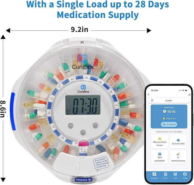 Automatic Pill Dispenser for Elderly with Alarm - 28 Day Smart Pill Box for Alzheimer’s Care, Easy-Read LCD Display, Key Locked, Alarm & Light Reminder for Medication, Vitamins, Supplements