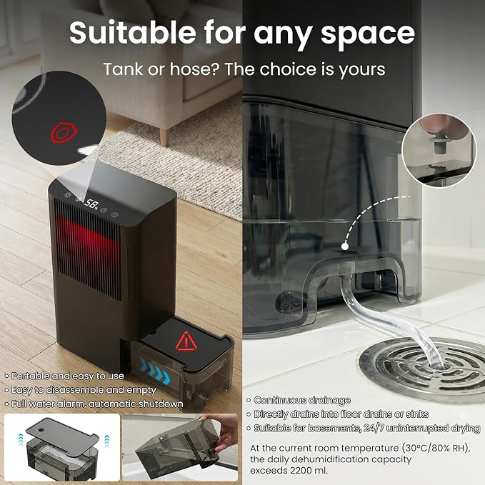 Dehumidifier for Home, Dehumidifier for Basement with Drain Hose/Humidity Display/85 OZ Water Tank/Washable Filter/Auto Shut Off/Ultra Quiet, Small Dehumidifier for Bedroom, Bathroom, RV, Whole Home