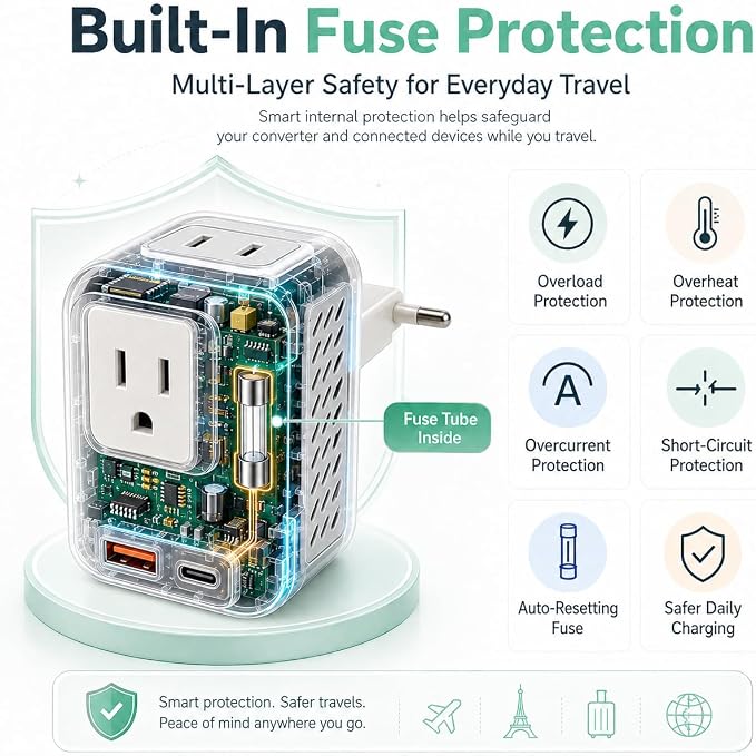Voltage Converter for European Travel: 220V to 110V Converter US to Europe, Plug Adapter with Fast Charge 2 USB C, 2 USB A & 2 Outlets, Universal Travel Essentials for France Germany Italy Spain, etc