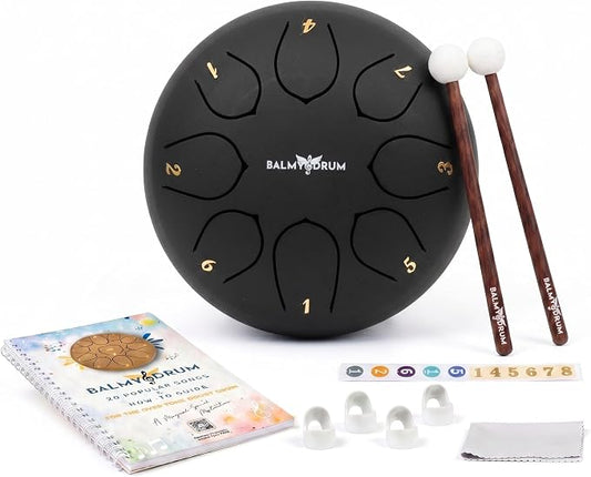 Balmy Drum Steel Tongue Drum 6 inch 8 Notes 440Hz, Handpan Drum with Music Book, Mallets, Carry Bag, Finger Picks, Rain Drum for Outdoor, Meditation Yoga Calming Instruments for Adults Kids (Black)