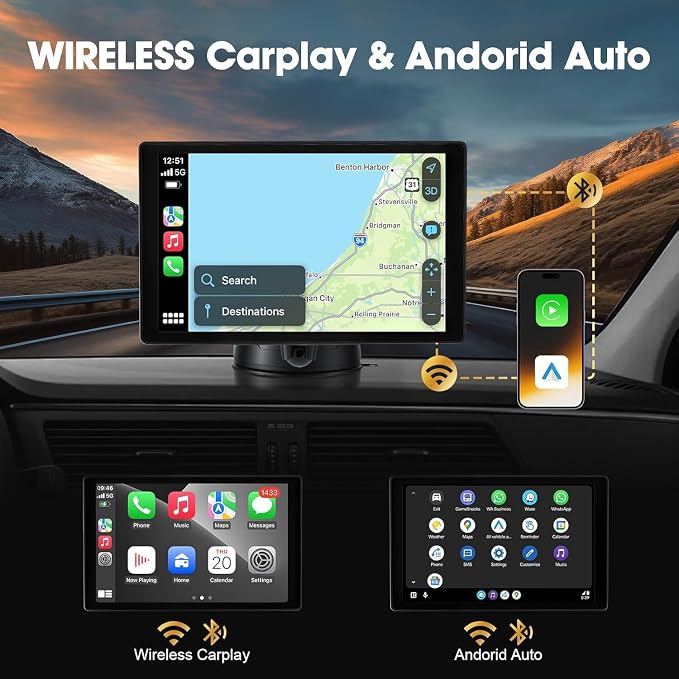 8'' Wireless Carplay Screen for Car, Portable Apple Car Play & Android Auto Car Stereo HD Touchscreen, Vertical/Horizontal Mode, Magnetic Mount, 5.0G WiFi, Voice Control & GPS Navigation