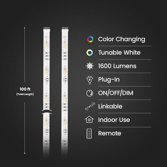 Feit Electric Smart LED Strip Light, 100 Ft, Color-Changing RGB + Tunable White, 2.4GHz Wi-Fi App & Remote Control, Alexa & Google Home Compatible, Flexible Light Strip, TAPE100/RGBW/AG