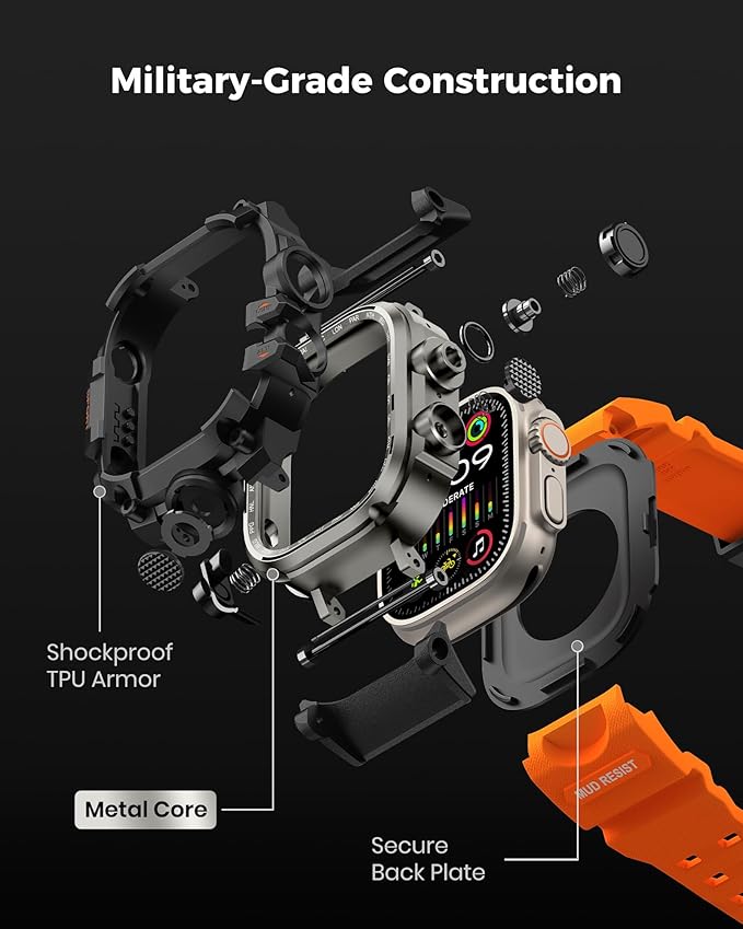 amBand Rugged Case with Band for Apple Watch Ultra 3/2/1 49mm, M3 Military Grade Shockproof Cover, Includes Screen Protector Kit, Tactical Band for Men - Compatible with iWatch Ultra, Orange