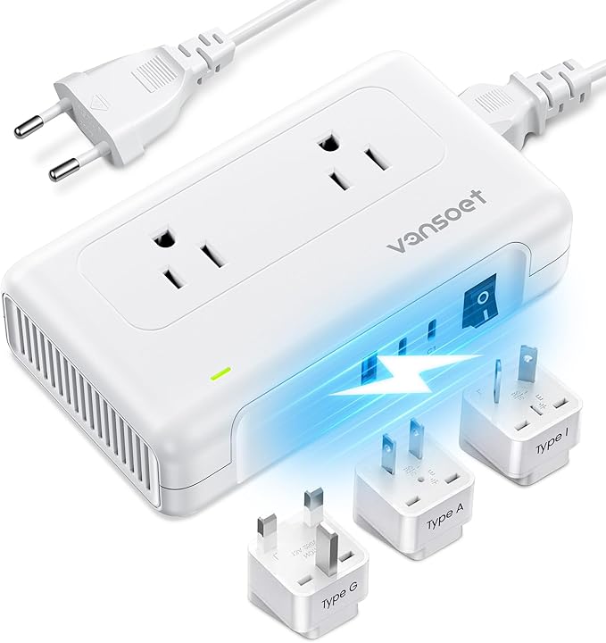 220V to 110V Converter, Voltage Converter US to Europe with 1 USB A & 2 USB C Ports Fast Charging, 2 AC Sockets and UK/AU/US/EU Worldwide Plug Adapter