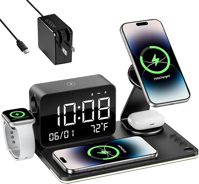 MagCharge 7-in-1 Magnetic Wireless Charging Station with Bluetooth Clock & Dimmable LED Lamp, 25W Fast Charger, 65W Adapter, Bedside Nightstand Charging Hub for iPhone Apple Watch AirPods