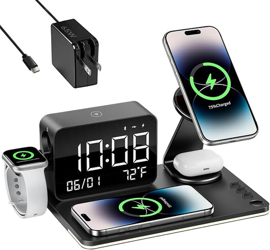 MagCharge 7-in-1 Magnetic Wireless Charging Station with Bluetooth Clock & Dimmable LED Lamp, 25W Fast Charger, 65W Adapter, Bedside Nightstand Charging Hub for iPhone Apple Watch AirPods