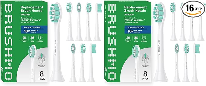 Brushmo Plaque Control Replacement Toothbrush Heads, Compatible with Philips Sonicare Click-on Electric Toothbrush Handles, 8 Standard Replacement Heads, Soft Dupont Bristles, BM928, White (Pack of 2)