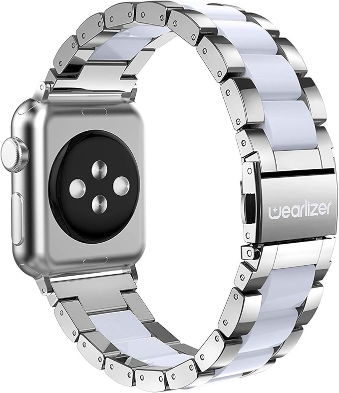 Wearlizer Compatible with Apple Watch Band 42/44/45/46/49mm Fashion Silver Womens Mens， Stainless Steel Strap White Resin Wristband Replacement iWatch Series 11 10 9 8 7 6 5 4 3 SE/Ultra 3 2 1