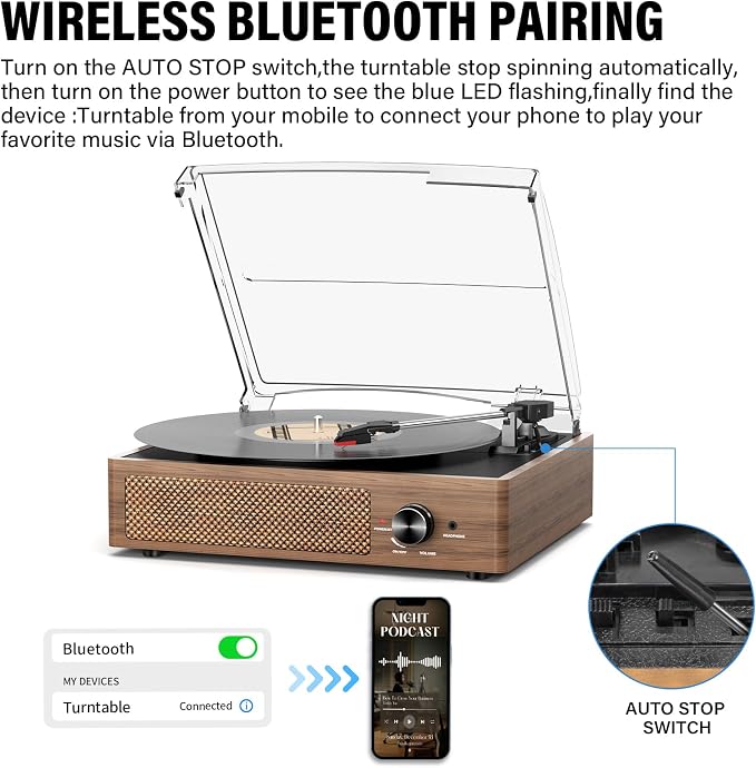 Vinyl Record Player Turntable with Built-in Bluetooth Receiver & 2 Stereo Speakers, 3 Speed 3 Size Portable Retro Record Player for Entertainment and Home Decoration