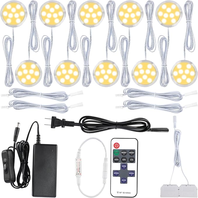 Under Cabinet LED Puck Light Kit, Liquor Glass Cabinet Lighting, 110V Direct Hard Wired & Wall Plugged in, Remote Dimmable, 10-Way Octopus Parallel Distributor, 10 Lights, Warm White