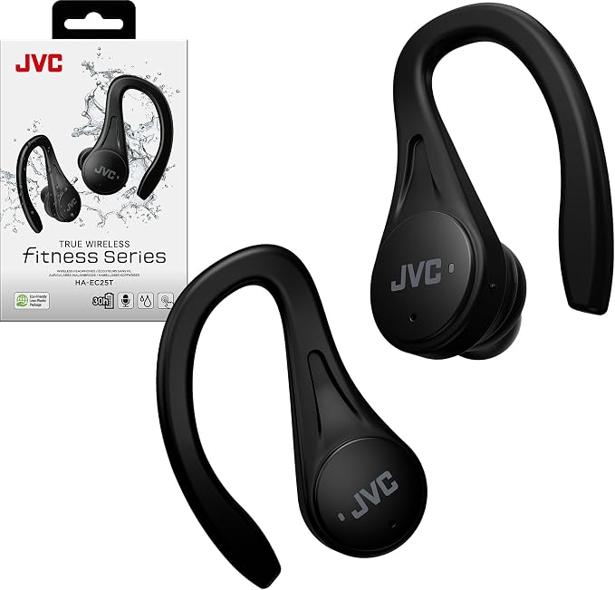 JVC Sport True Wireless Earbuds Headphones, Lightweight and Compact, Long Battery Life (up to 30 Hours), High Quality Sound with Neodymium Magnet Driver, Water Resistance (IPX5) - HAEC25TB (Black)