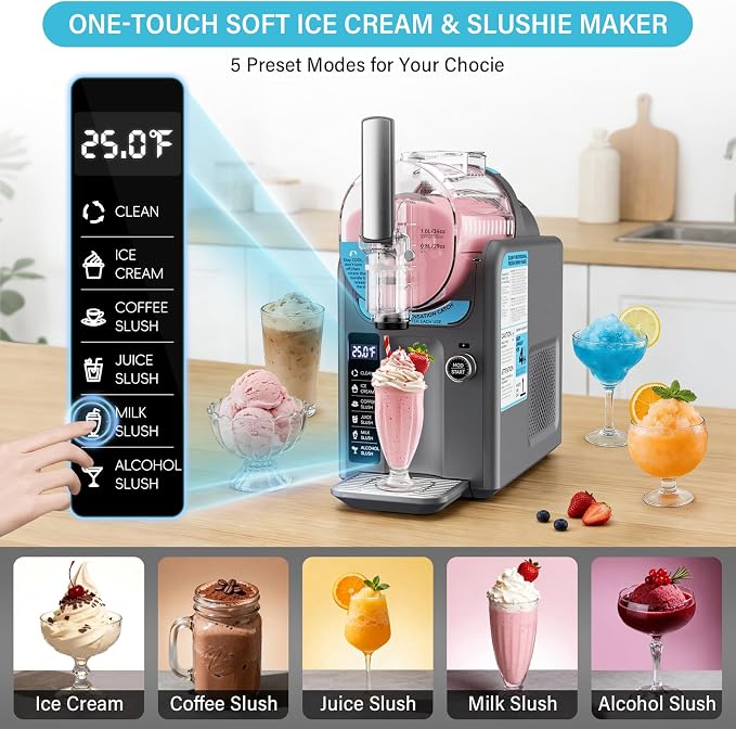 Ice Cream Machine Frozen Drink Maker, Slushie Machine for Home - Slushy Machine Maker No Ice Needed Self Cleaning, 5 Preset for Soft Serve Ice Cream, Slushie, Margarita, Frappés, Milkshake