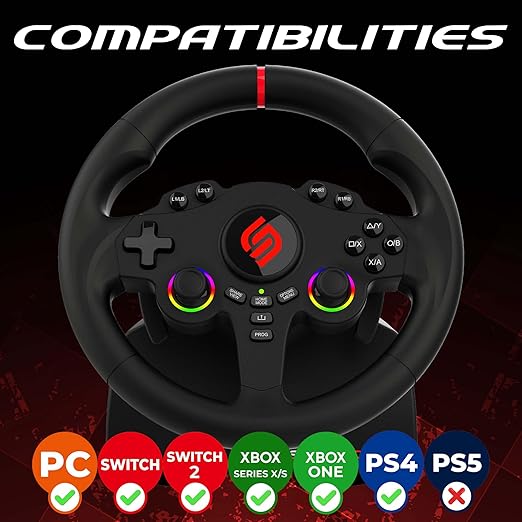 SUBSONIC Superdrive 220RS Racing Wheel Switch 2/Switch PS4 PC Xbox series | Steering Wheel with Dual Joysticks for GTA 6 & Famring simulator- LED - Vibration - Diameter 22 cm, Rotation 180° - Pedals