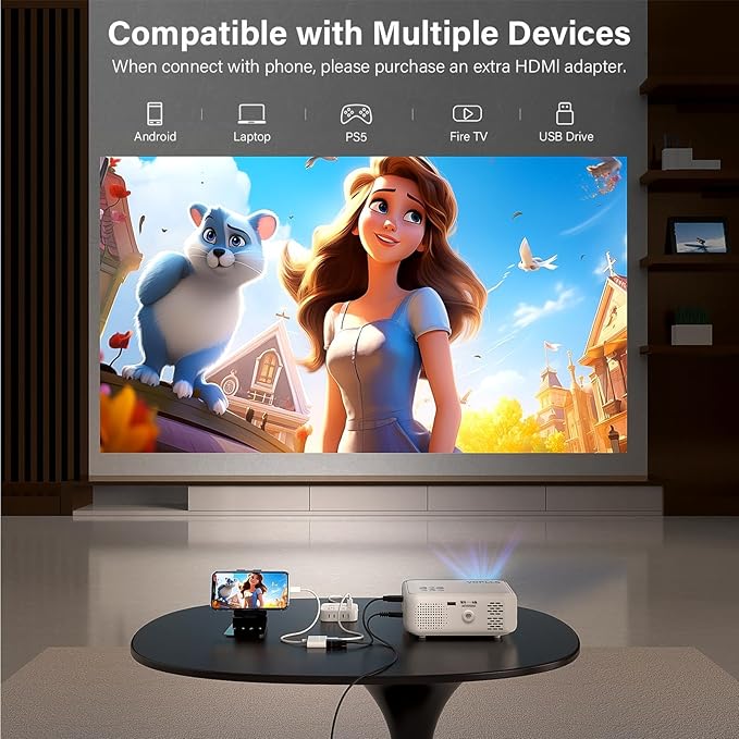 Mini Projector, VOPLLS 1080P Full HD Supported Video Projector, Portable Outdoor Home Theater Movie Projector, 50% Zoom, Compatible with HDMI, USB, AV, Smartphone/Tablet/Laptop/PC/TV Box