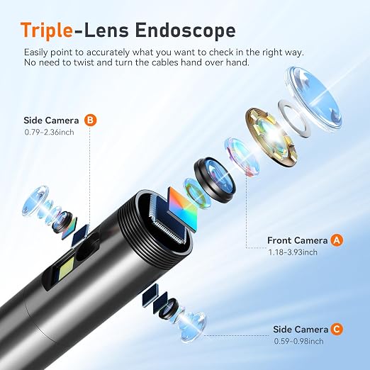 Triple Lens Borescope with 32G Card, Ginocaco 5" IPS Endoscope Camera with Light Support Photo/Video, IP67 Waterproof Snake Camera with Semi-Rigid Cable for Automotive, Plumbers, HVAC(16.4Ft)