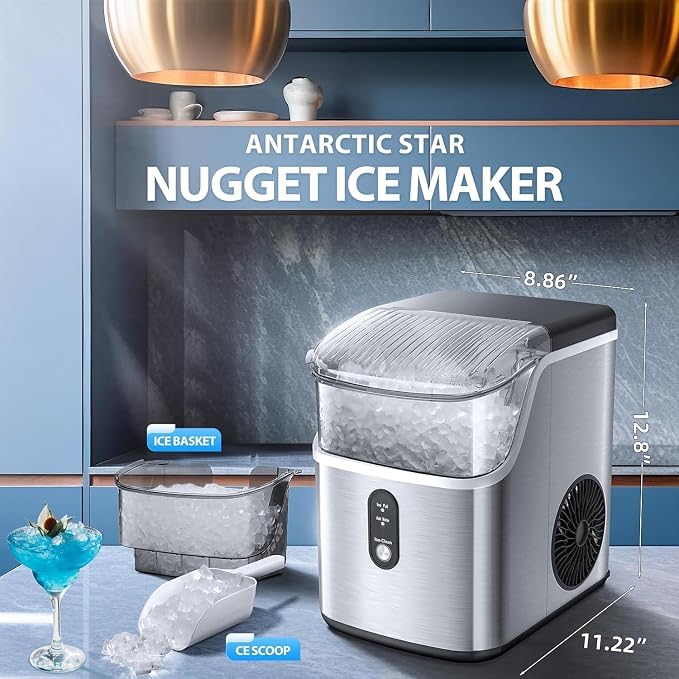 Antarctic Star Nugget Ice Maker Countertop, Chewable Nugget Ice Machine with Automatic Cleaning, Fast Ice Making 34Lbs/24H, One Click Operation for Party/Home/Bar/RV(Steel)