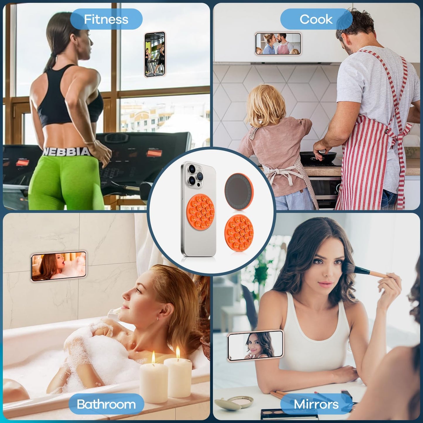 Silicone Suction Cup Phone Mount, Magnetic Suction Phone Case Stand, Mirror Shower Phone Holder, Perfect for Selfies and Videos Creators, Hands Free Holder Mount-Orange