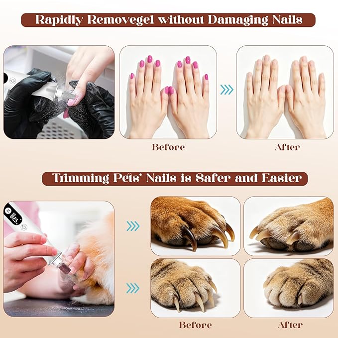 Cordless Electric Nail Drill,Professional Hand Feet Care Rechargeable File Kit,Gel Nail Polish Remover Machine with LED Display,Acrylic Gel Nail Polishing Removing (Silvery White Set)
