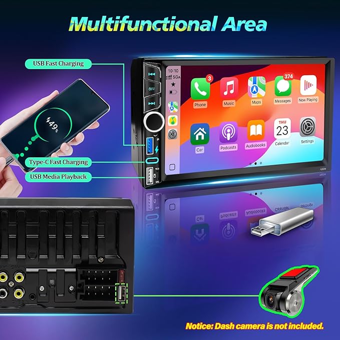 Wireless Double Din Car Stereo Apple CarPlay Android Auto,7" Touchscreen Car Radio Receivers, Bluetooth 5.2,FM AM Radio,Backup Camera,Physical Knob,SWC,Equalizer,Subwoofer,MirrorLink,USB/Type-C