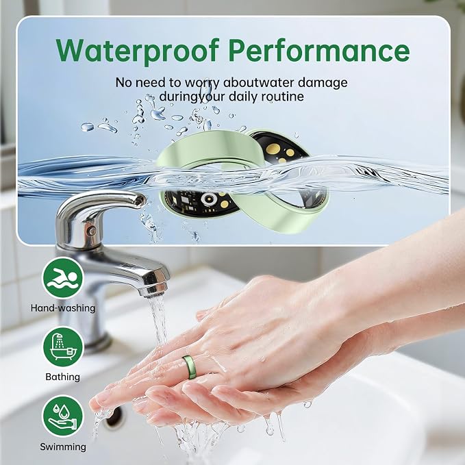 Smart Ring for Women & Men, Health Tracker Ring with Heart Rate, SpO2, Blood Pressure,Temperature, HRV & Stress, IP68 Waterproof Fitness Ring, Sleep Tracker for iPhone & Android, No App Fee(Green, 9#)