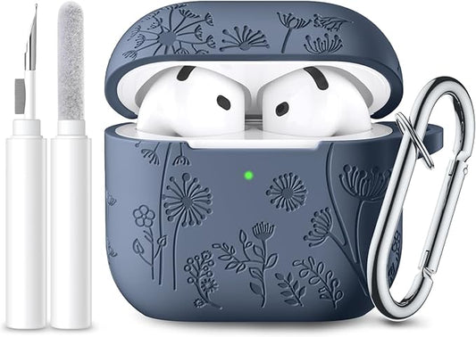 Lerobo for Airpods 4 Case Cover,Flower Engraved Silicone Case,Full Protective Shockproof Anti-dust Case Cover with Cleaner Kit & Keychain Compatible with Apple Airpods 4 Case for Women, Dark Blue Gray