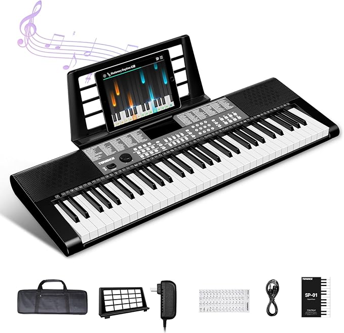 TERENCE Keyboard Piano 61 Keys Dual HiFi Speakers Digital Piano with 51 Panel Function Buttons LED Display Dual Keyboard 2 Power Options Electric Piano Support for Headset and Microphone