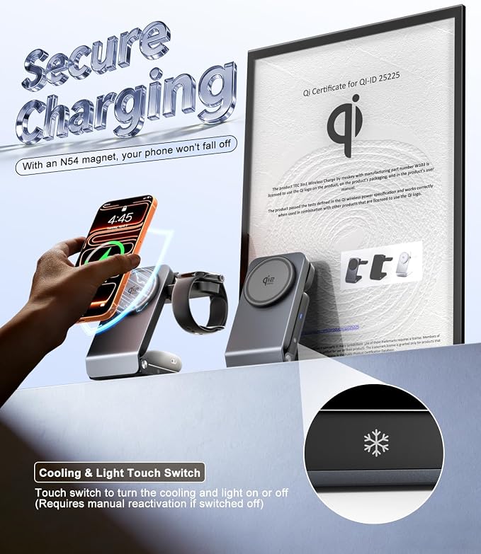 25W Fast Charging Station with Cooling Fan Certified, Wireless Charger 3-in-1 for iPhone 17 promax, Apple Watch, AirPods with MagSafe, Aluminum Alloy Charging Stand with 45W Adapter
