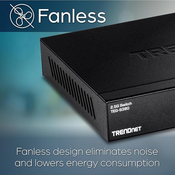 TRENDnet 8-Port 2.5Gb Multi-Gigabit Unmanaged Gaming Switch, TEG-S380, 8 x 2.5GBASE-T Ports, 25Gbps Switching Capacity, Ethernet Splitter, NDAA & TAA Compliant, Fanless, Lifetime Protection, Black